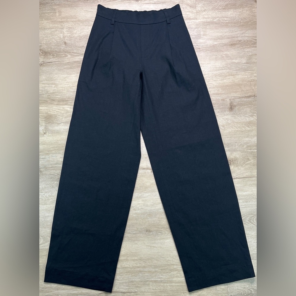 Vince Linen Blend Women’s Pull On Pants Black Pleated Straight Leg NWT